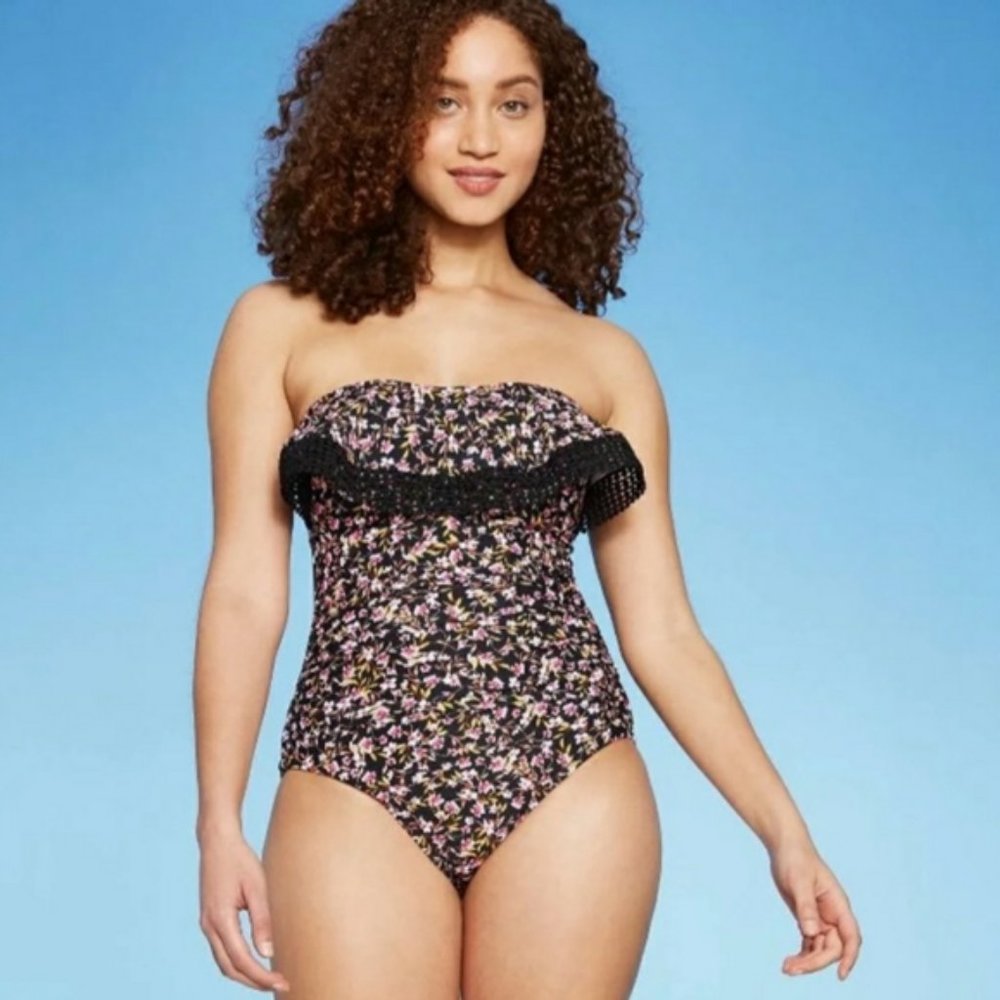 🆕 Kona Sol | Floral Crochet Flounce Bandeau One Piece Swimsuit